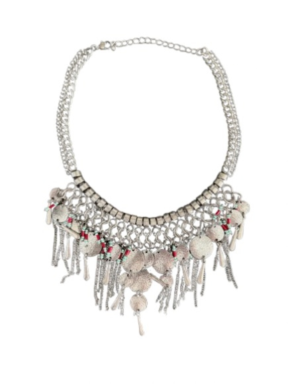 Express Silver Statement Fringe Bib Necklace with Disc Charms